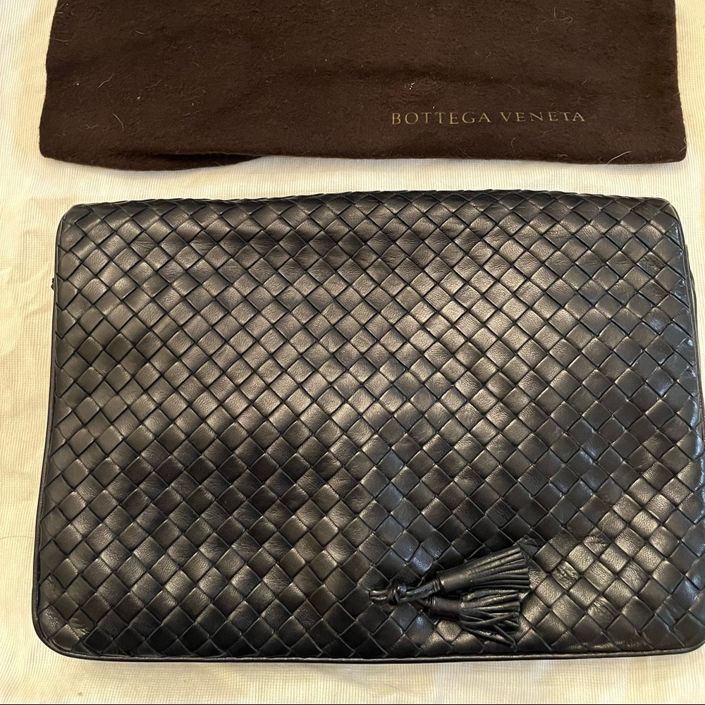 Bottega Veneta large woven leather flap pouch with tassels